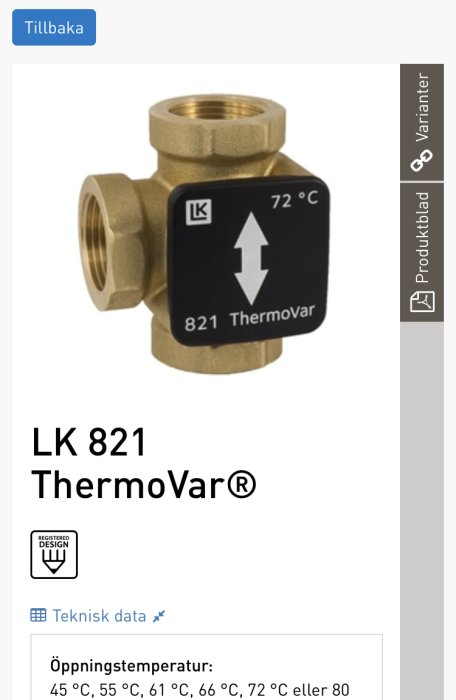 LK 821 ThermoVar® trevägsventil i mässing med angivna öppningstemperaturer 45°C, 55°C, 61°C, 66°C, 72°C, eller 80°C.