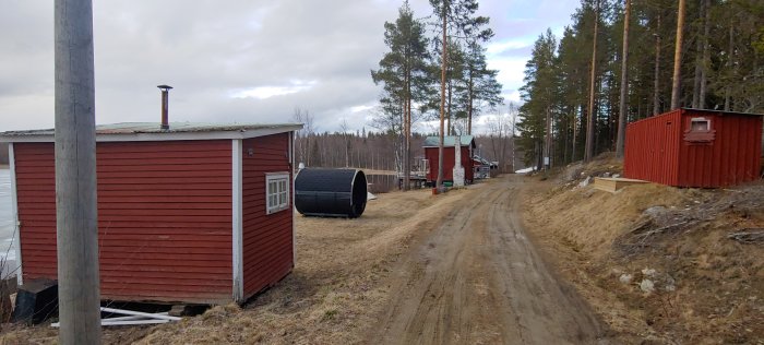 Grusväg genom skogslandskap med röda stugor och vattenförråd, relaterat till ansökan om strandskyddsdispens.