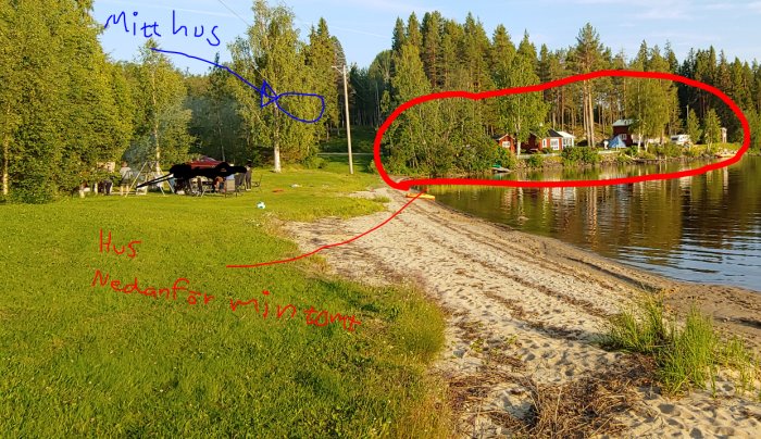 Vy över strand med anteckningar om gränser och placering av hus relaterat till strandskyddsdispens.