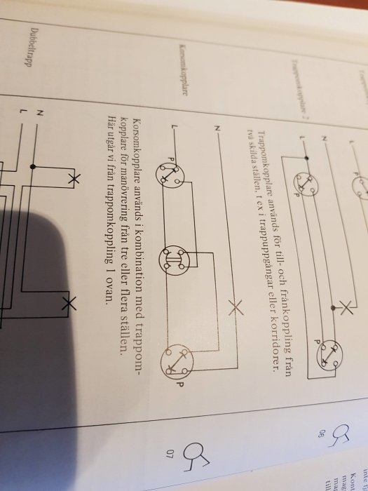 Sida från lärobok med el-tekniska scheman för kopplingar med beskrivningar och symboler.