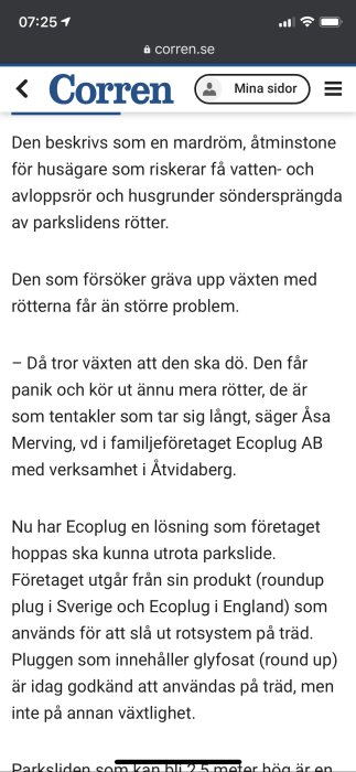 Skärmdump av en artikel på Corren.se som diskuterar problem och lösningar kring invasiva parkslideväxter.