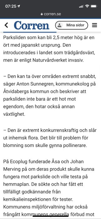 Skärmdump av en artikel på corren.se som diskuterar invasiva parkslide och dess påverkan på inhemska arter.