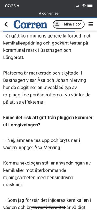 Skärmdump av en artikel på Corren.se om bekämpning av parkslide, med text från intervjuade.