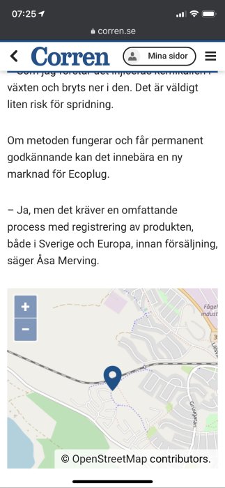 Skärmdump av artikel om parkslide på websidan Corren, inklusive en del av en karta från OpenStreetMap.