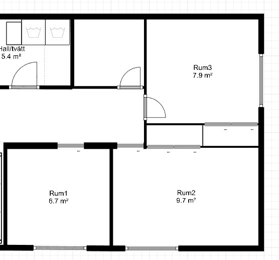 Svartvit planritning av en övervåning med tre rum, en hall/tvätt och storleksangivelser.