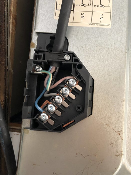 Anslutningspanel på en induktionshäll med 3-fas kabel och skruvanslutningar.