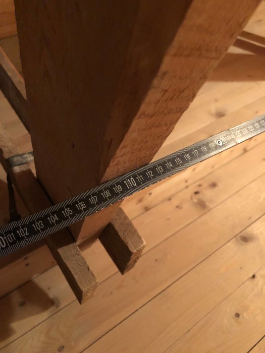 Mättband mot träbjälkar för att kontrollera cc-mått i byggprojekt.