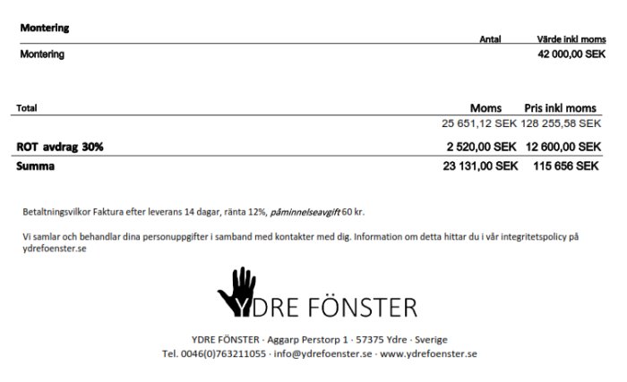 Faktura från Ydre Fönster med posten "Montering" för 42 000 SEK och totalbelopp på 116 656 SEK inklusive moms och ROT-avdrag.