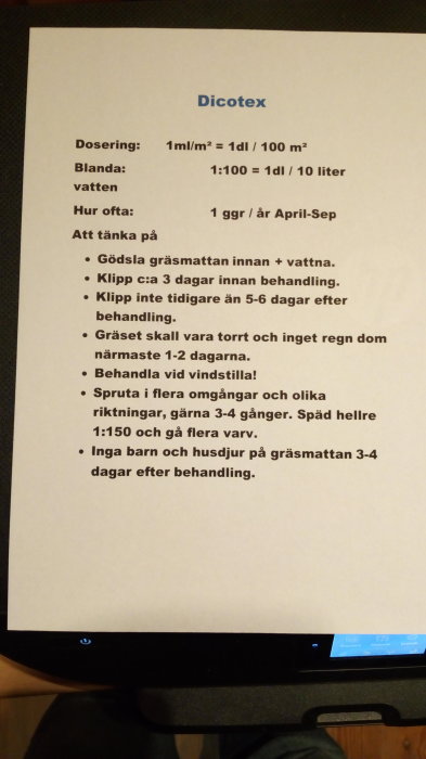 Bild på ett utskrivet dokument med instruktioner för användning av produkten "Dicotex".