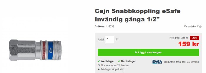 Cejn Snabbkoppling eSafe med invändig gänga, visad mot vit bakgrund, prissänkt till 159 kr.
