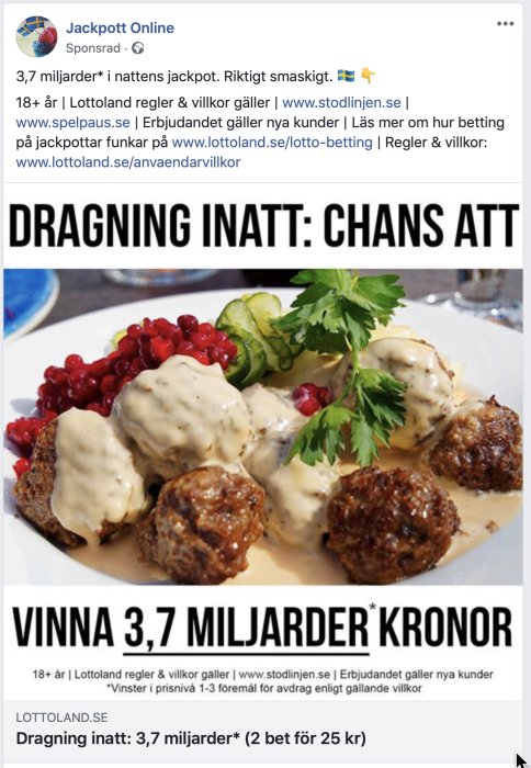 Reklambild för jackpot med svenska köttbullar, gräddsås, lingon och persilja.