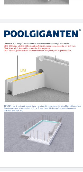 Illustration av steg-för-steg instruktioner för att bygga upp poolväggar med limmade block och armeringsjärn.