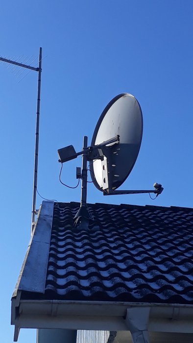 Parabolantenn monterad på ett svart tak med bakgrund av klarblå himmel.