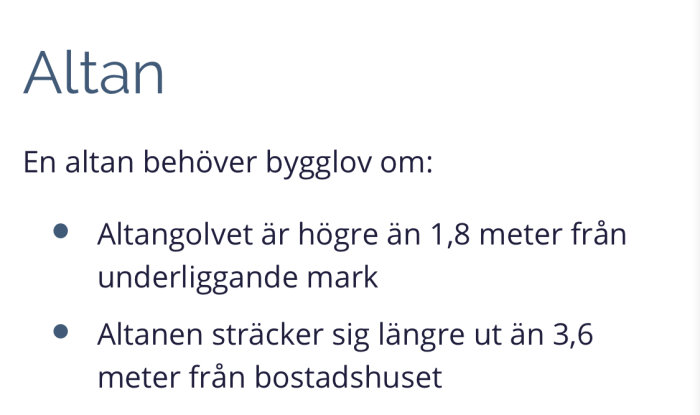 Informationsblad som förklarar bygglovsregler för altan; att bygglov krävs om golvet är över 1,8 meter från marken eller om altanen är mer än 3,6 meter från huset.