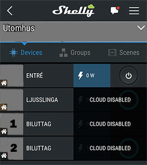 Skärmdump av Shelly-appen visar fyra enheter under "Utomhus", varav tre med texten "CLOUD DISABLED".