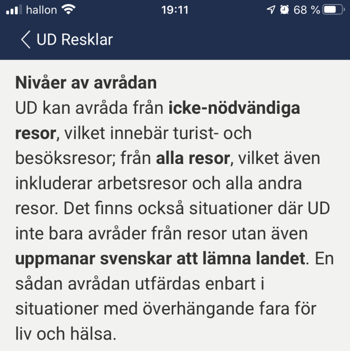 Skärmdump av text från en diskussionstråd om UD:s avrådan från olika typer av resor.