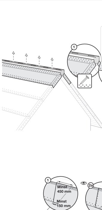 Schematisk illustration av en hörnsektion av ett byggprojekt med markerade mått och fästanvisningar för fiberduk.