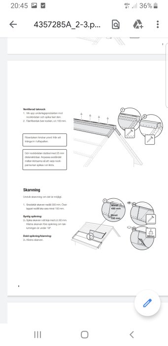 Instruktionsbild för montering av ventilerad taknock med detaljer för överlapp och spikning.