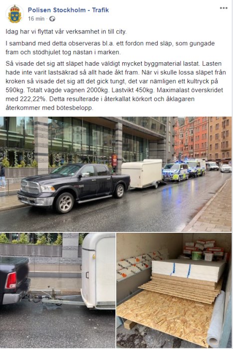 Lastbil med släp överlastat med byggmaterial vid trottoarkanten, polisbil och kontrollscen i bakgrunden.