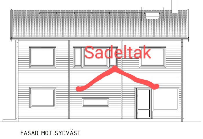 Arkitektonisk ritning av en husfasad med ett påritat förslag på sadeltak för en altan.