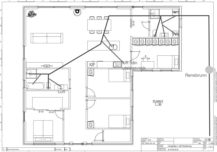 Arkitektritning av en bostadsplan med avloppslinjer, inklusive märkt huvudstam och köksö.