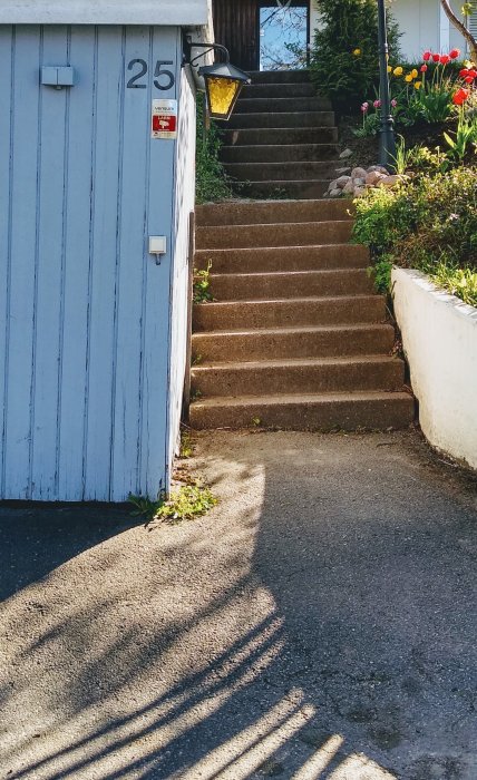 Oisolerat cykelförråd och lutande betongtrappa vid sidan av en uppfart med asfaltyta, omgiven av grönska.