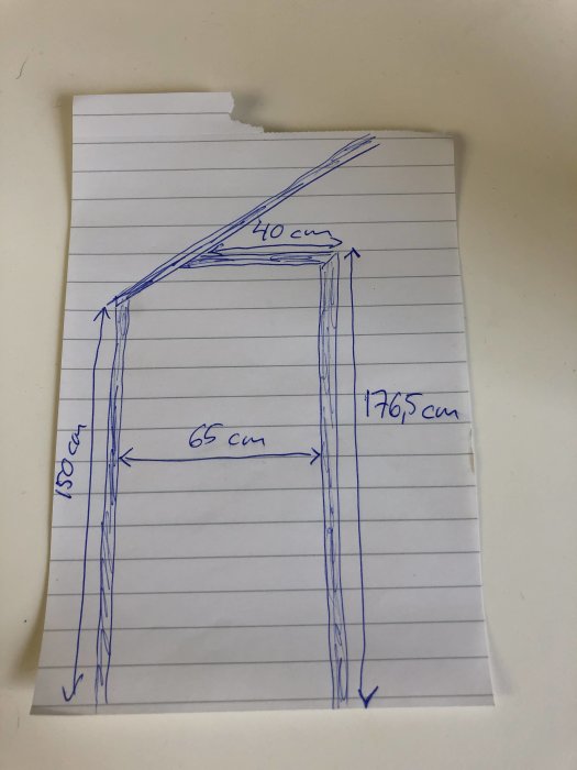 Handritad skiss av dörröppning med angivna mått 65x180 cm och en extra 40 cm höjd.