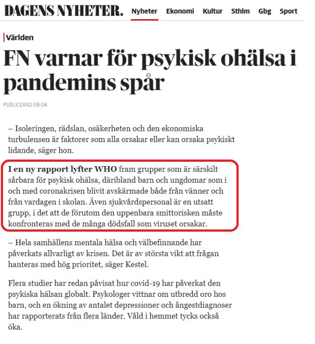 Skärmdump av artikel från Dagens Nyheter om FN-varning för psykisk ohälsa efter pandemin.