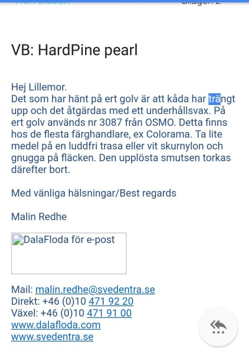 Skärmavbild av ett e-postsvar från golvtillverkare om underhåll av massivt trägolv.