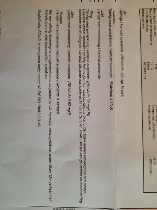 Ett vattenprovsanalysresultat med olika parametrar och riktvärden, indikerar förorenat vatten.