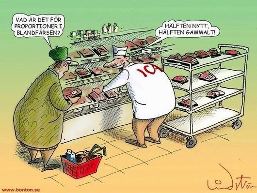 Tecknad bild av en kund som frågar en slaktare om blandfärsens innehåll, slaktaren svarar "Hälften nytt, hälften gammalt".