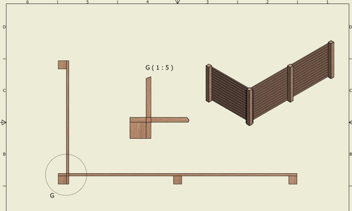 Trätrall med räcke och hörnstolpe i teknisk ritning, söker lösning för att fästa ribbor på insidan.