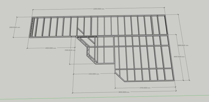 3D-schematisk illustration av en flernivåaltan med dimensioner, visar regeluppbyggnad.