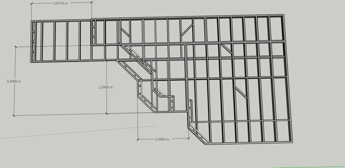 3D-ritning av altanens konstruktionsramar i olika nivåer med måttangivelser.