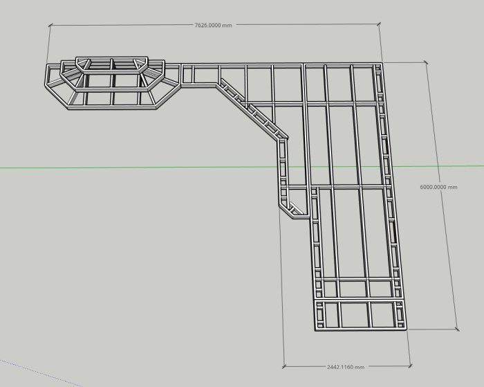 CAD-ritning över en altan i tre nivåer med dimensioner, planerad på stenplattor.