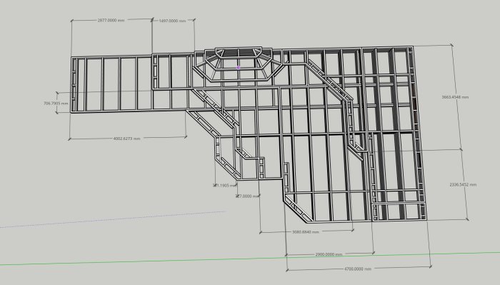 CAD-ritning av en tredimensionell altankonstruktion i flera nivåer med måttangivelser.