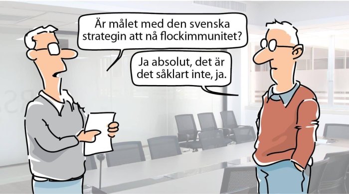 Tecknad bild av två män i en kontorsmiljö som diskuterar strategi för flockimmunitet.