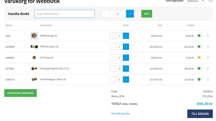 Skärmdump av en varukorg från en webbutik med olika VVS-produkter och deras RSK-nummer, antal och priser.