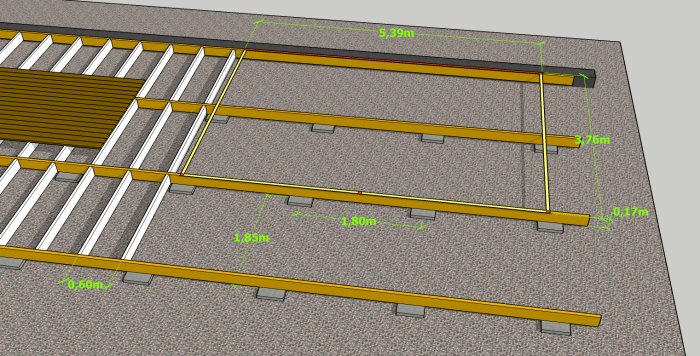 3D-skiss av en altanstruktur med måttangivelser och plattor under bärlinor samt en framtida uterums ram markerad i rött.