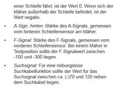 Teknisk text på tyska om mätvärden för A-signal, F-signal och Suchsignal från en robotgräsklippares sensorer.