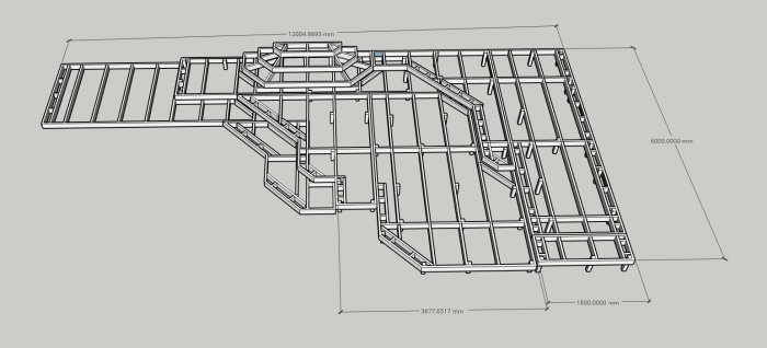 CAD-ritning som visar strukturen för en altan på ben med dimensioner.