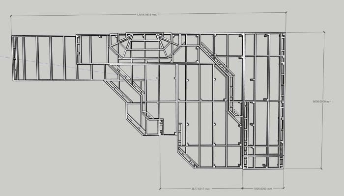 Ritning av en altankonstruktion med måttangivelser, visar en översikt av altanens layout och stödbenens placering.