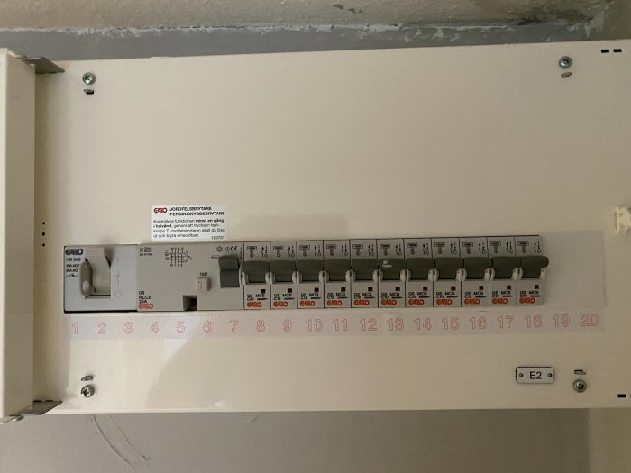 Elskåps inre med öppen dörr som visar rad av säkringar och skyltar med säkerhetsanvisningar.