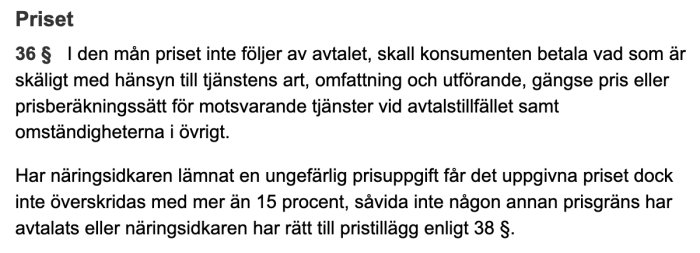 Skärmbild av en lagtext om pris enligt konsumenttjänstlagen angående överskridande av offertbelopp med max 15%.