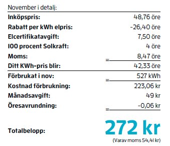 Elräkning med detaljerad kostnadsuppställning och totalbeloppet 272 kronor.