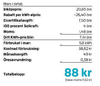 Elräkningssammanställning som visar kostnadsdetaljer och ett totalbelopp på 88 kronor.