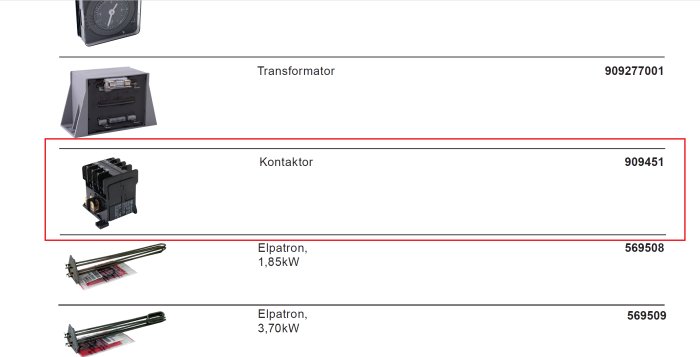 Svart kontaktor märkt med "Kontaktor 909451" ur ett reservdelskompendium, omgivet av andra komponenter.