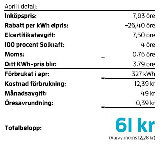 Elräkning som visar detaljerad kostnad med lågt totalbelopp på 61 kronor för april.