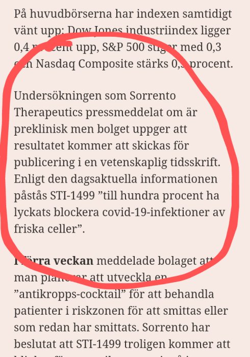 Bild på en textartikel om Sorrento Therapeutics forskning på läkemedel mot covid-19.