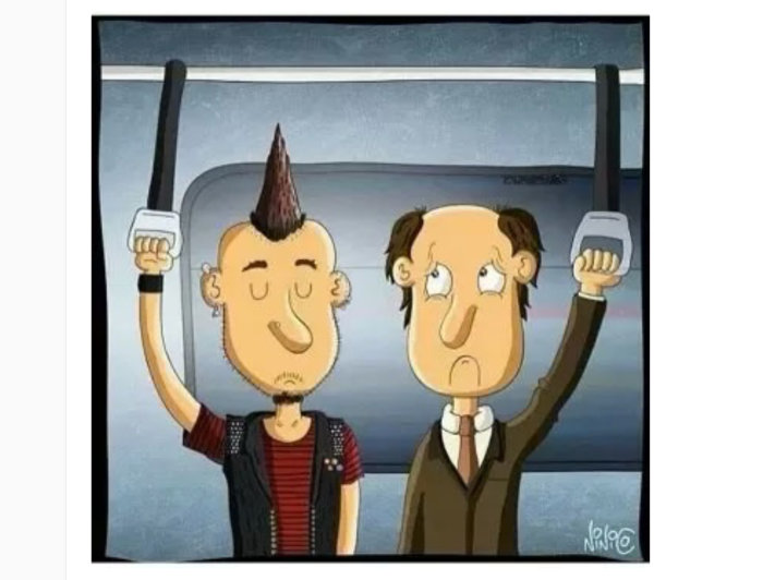 Tecknad bild av två män i kollektivtrafik, en med en mohikanfrisyr, den andra ser fundersam ut.